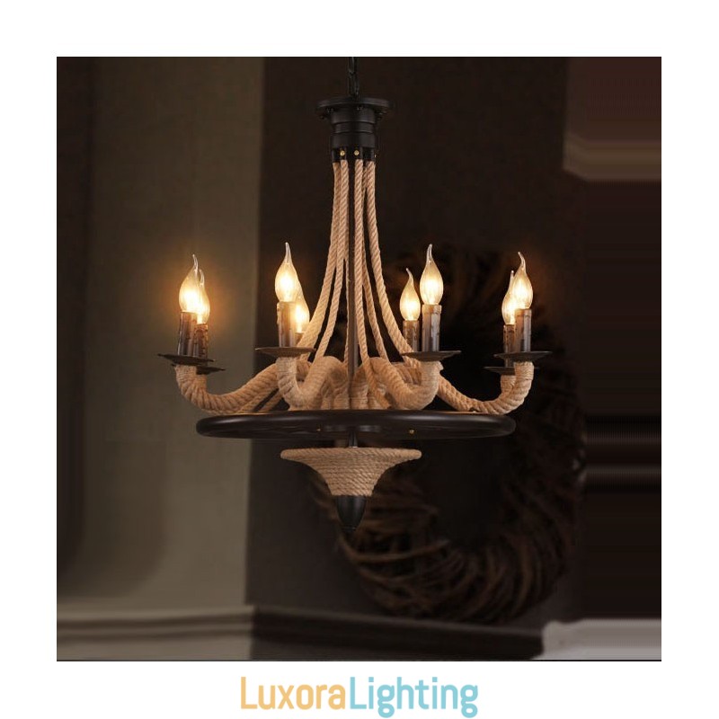 Designer Touch Decorative 8 Light Candle Industrial Style Hemp Rope Pendant Chandelier Light