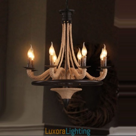 Designer Touch Decorative 8 Light Candle Industrial Style Hemp Rope Pendant Chandelier Light