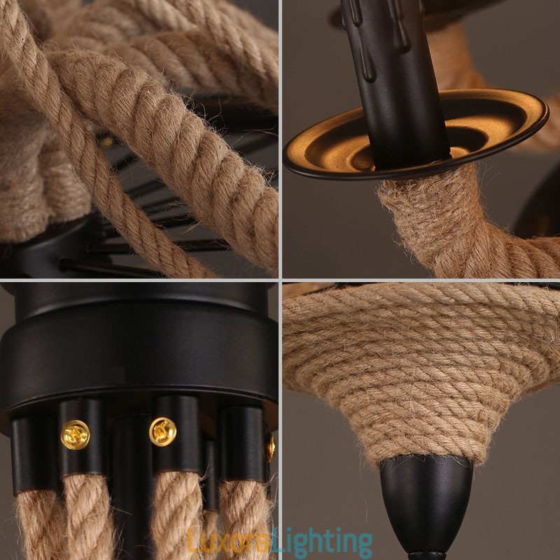 Designer Touch Decorative 8 Light Candle Industrial Style Hemp Rope Pendant Chandelier Light