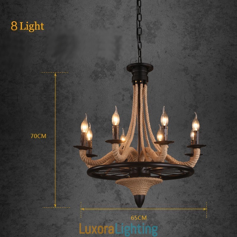 Designer Touch Decorative 8 Light Candle Industrial Style Hemp Rope Pendant Chandelier Light