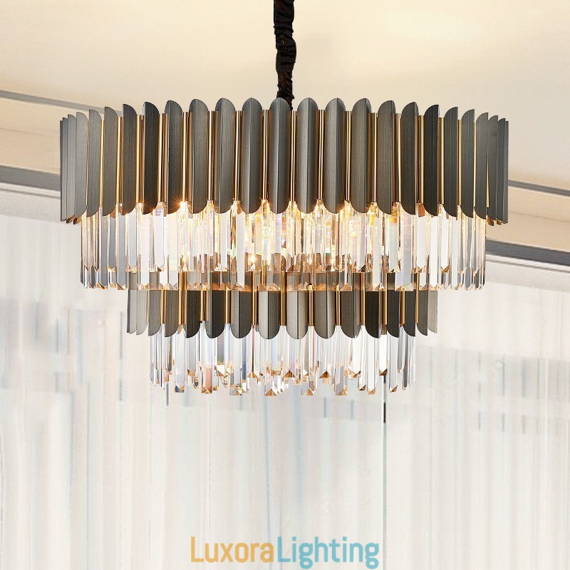 Designer Touch Decorative Two Tiers Luxury Postmodern Black and Gold Round K9 Crystal Pendant Chandelier