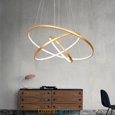 Designer Touch Decorative Dimmable Pendant Light with Remote Control Gold Modern Design Three Rings