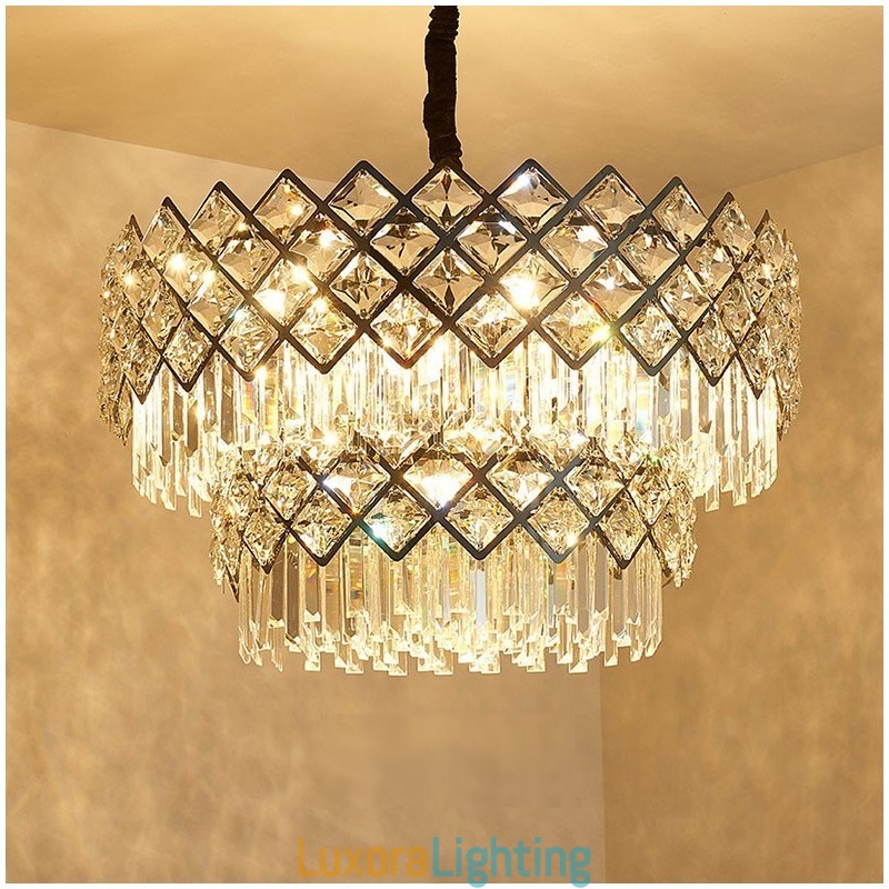 Designer Touch Decorative Two Tiers Luxury Postmodern Black and Gold Round K9 Crystal Pendant Chandelier