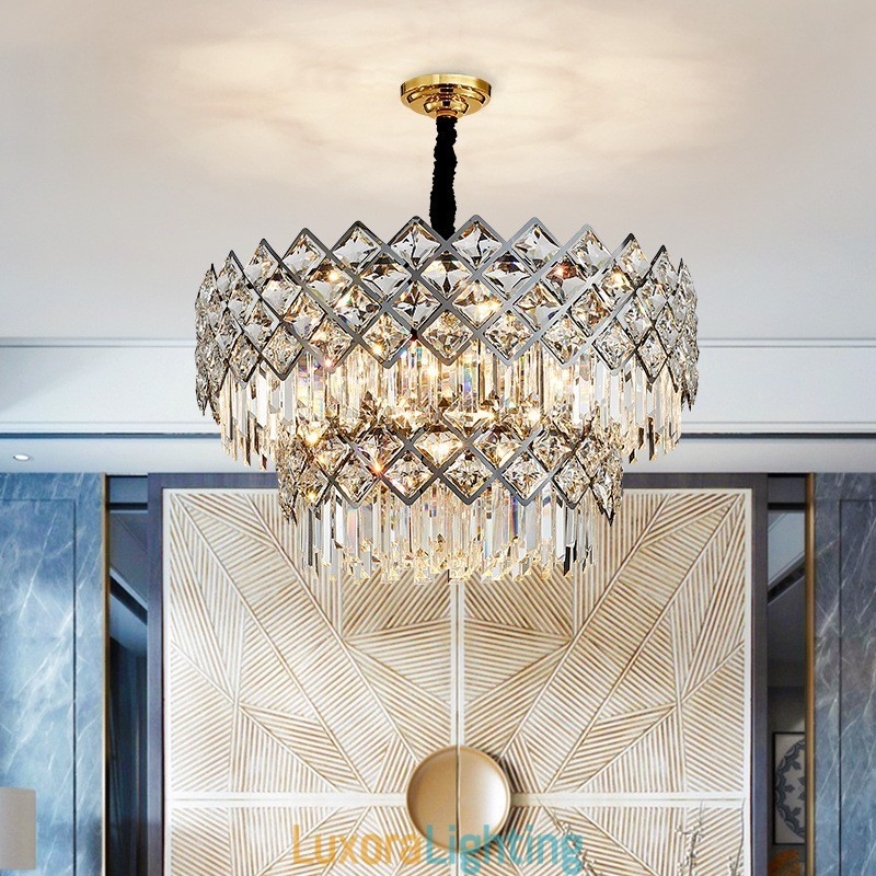 Designer Touch Decorative Two Tiers Luxury Postmodern Black and Gold Round K9 Crystal Pendant Chandelier