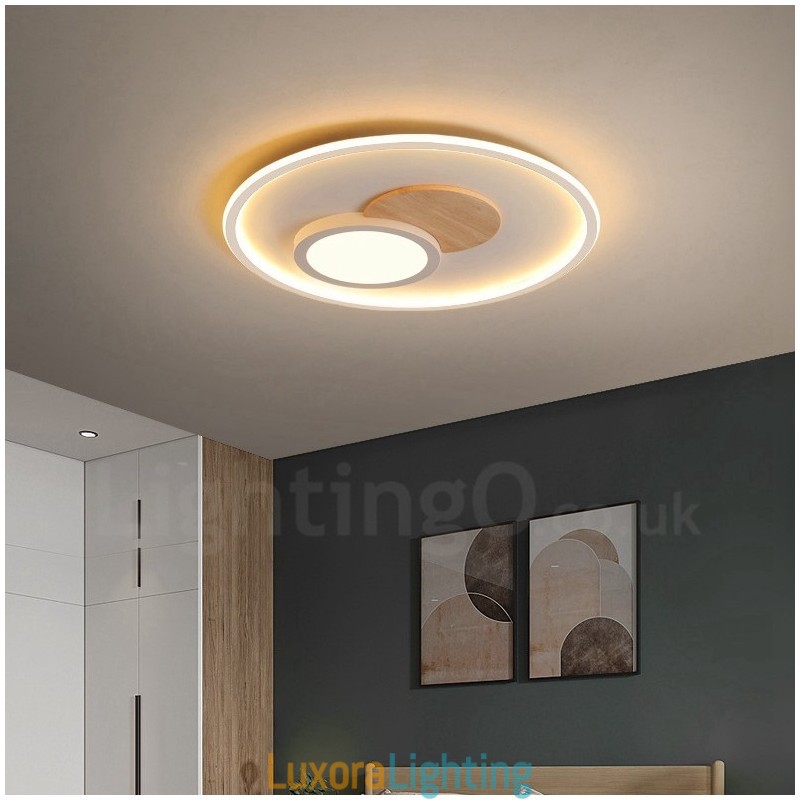 Designer Touch Decorative Wood Dimmable Modern Contemporary Nordic Style Flush Mount Round Ceiling Lights with Remote Control Also Can Be Used As Wall Light