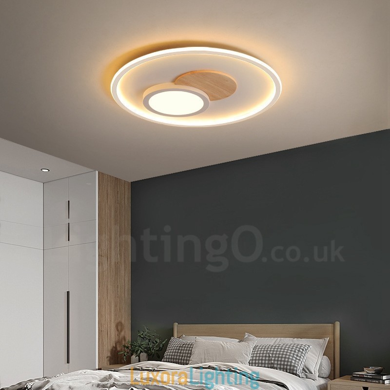 Designer Touch Decorative Wood Dimmable Modern Contemporary Nordic Style Flush Mount Round Ceiling Lights with Remote Control Also Can Be Used As Wall Light
