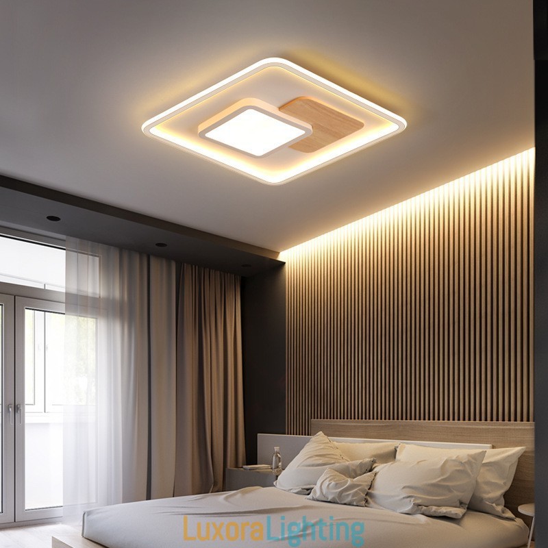 Designer Touch Decorative Wood Dimmable Modern Contemporary Nordic Style Square Flush Mount Ceiling Lights with Remote Control Also Can Be Used As Wall Light