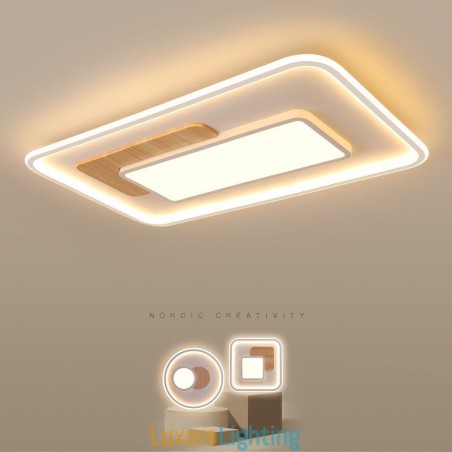 Designer Touch Decorative Wood Dimmable Modern Contemporary Nordic Style Rectangle Flush Mount Ceiling Lights with Remote Control Also Can Be Used As Wall Light
