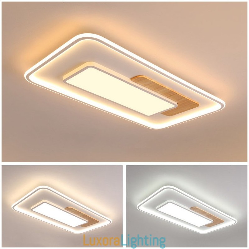 Designer Touch Decorative Wood Dimmable Modern Contemporary Nordic Style Rectangle Flush Mount Ceiling Lights with Remote Control Also Can Be Used As Wall Light