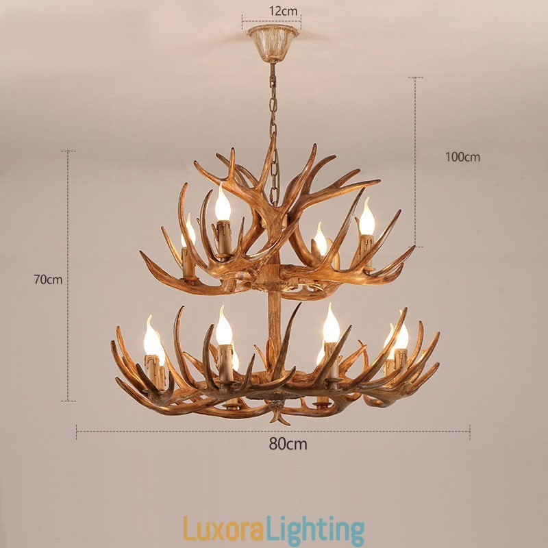 Designer Touch Decorative 12 (8+4) Light 2 Tiers Rustic Artistic Retro Antler Antique Chandelier