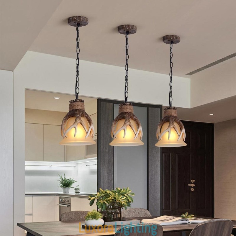 Designer Touch Decorative One Light Rustic Artistic Retro Antler Antique Pendant Light with Glass Shade