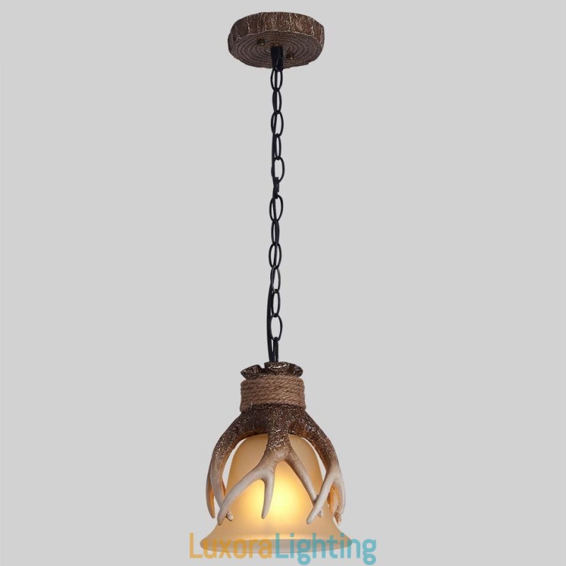 Designer Touch Decorative One Light Rustic Artistic Retro Antler Antique Pendant Light with Glass Shade