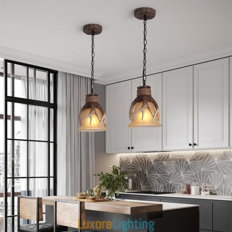 Designer Touch Decorative One Light Rustic Artistic Retro Antler Antique Pendant Light with Glass Shade