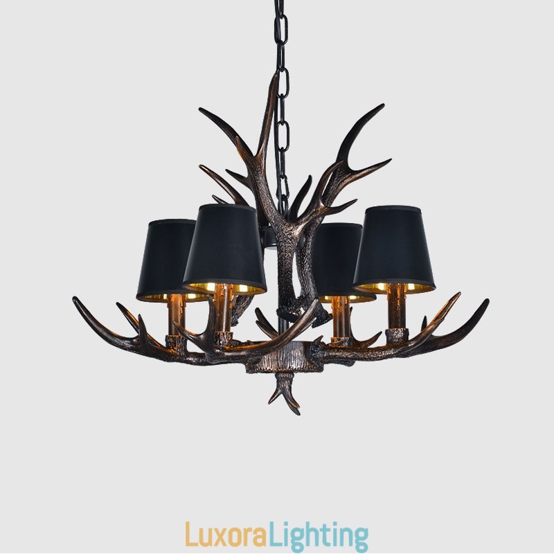 Designer Touch Decorative 4 Light Black Rustic Artistic Retro Antler Antique Chandelier with Shades