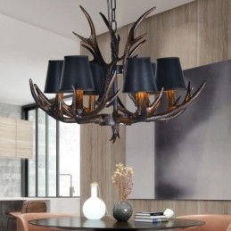 Designer Touch Decorative 6 Light Black Rustic Artistic Retro Antler Antique Chandelier with Shades