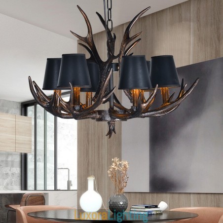 Designer Touch Decorative 6 Light Black Rustic Artistic Retro Antler Antique Chandelier with Shades