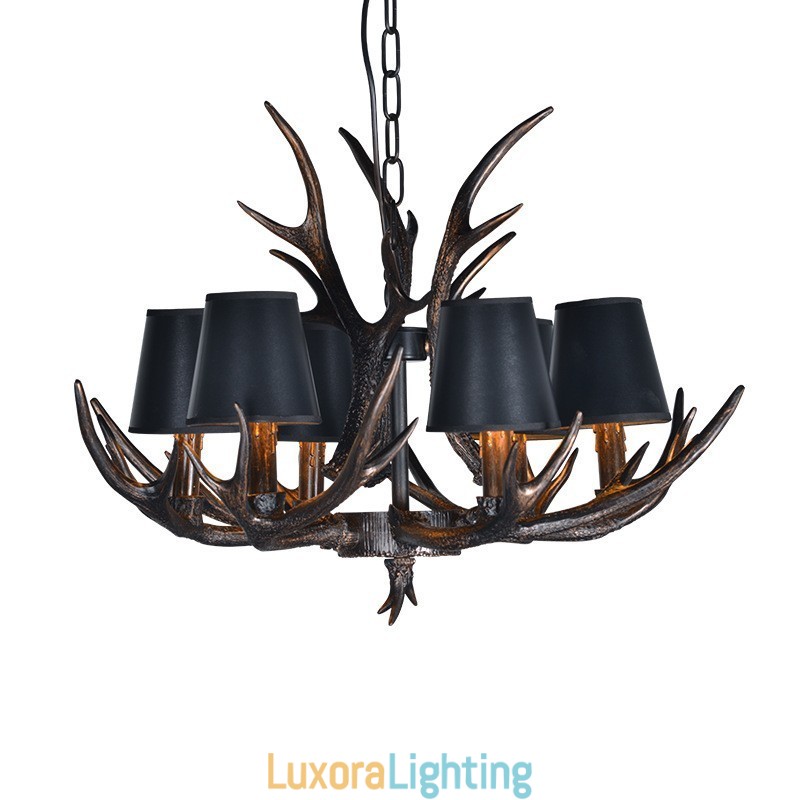 Designer Touch Decorative 6 Light Black Rustic Artistic Retro Antler Antique Chandelier with Shades