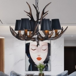 Designer Touch Decorative 6 Light Black Rustic Artistic Retro Antler Antique Chandelier with Shades