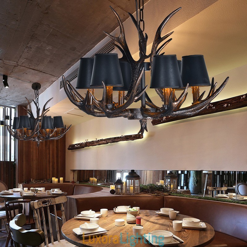Designer Touch Decorative 6 Light Black Rustic Artistic Retro Antler Antique Chandelier with Shades