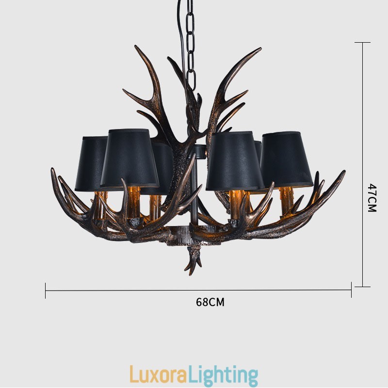 Designer Touch Decorative 6 Light Black Rustic Artistic Retro Antler Antique Chandelier with Shades