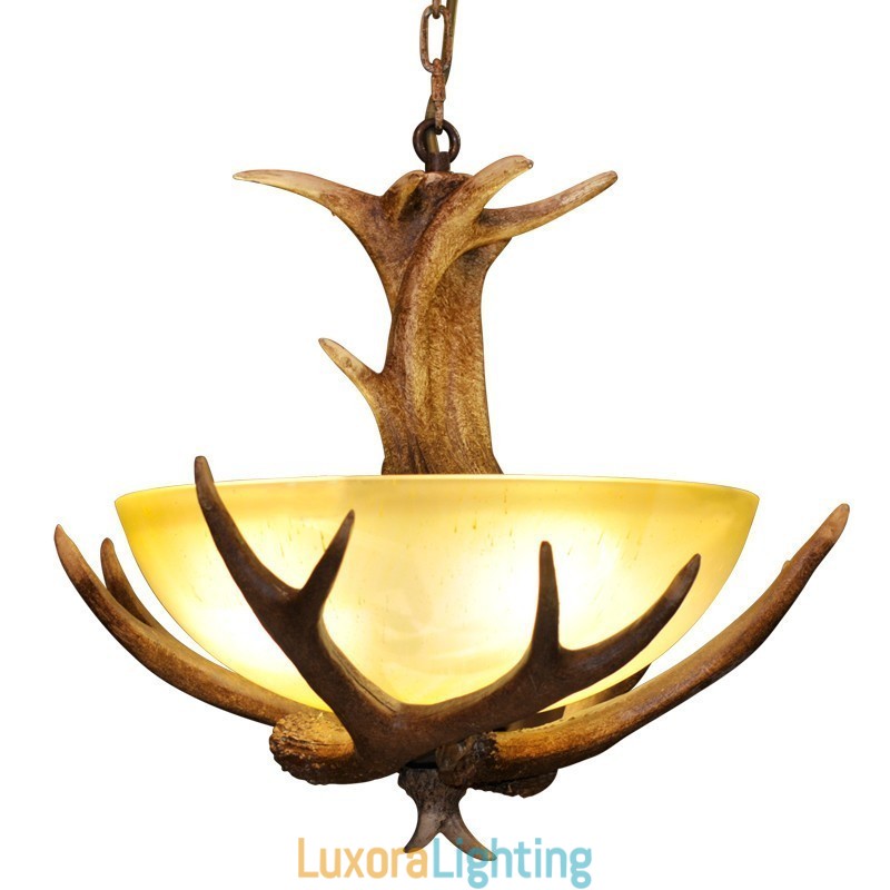 Designer Touch Decorative One Light Rustic Artistic Retro Antler Antique Pendant Light with Glass Shade
