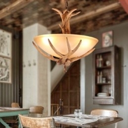 Designer Touch Decorative One Light Rustic Artistic Retro Antler Antique Pendant Light with Glass Shade