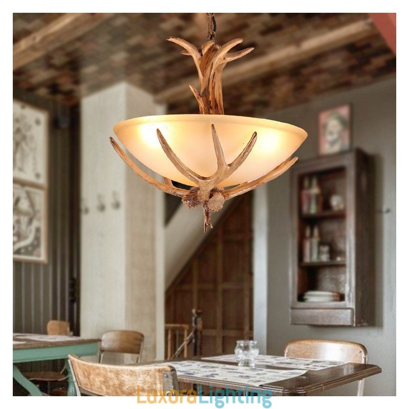 Designer Touch Decorative One Light Rustic Artistic Retro Antler Antique Pendant Light with Glass Shade