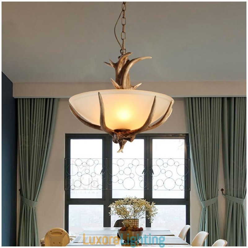 Designer Touch Decorative One Light Rustic Artistic Retro Antler Antique Pendant Light with Glass Shade