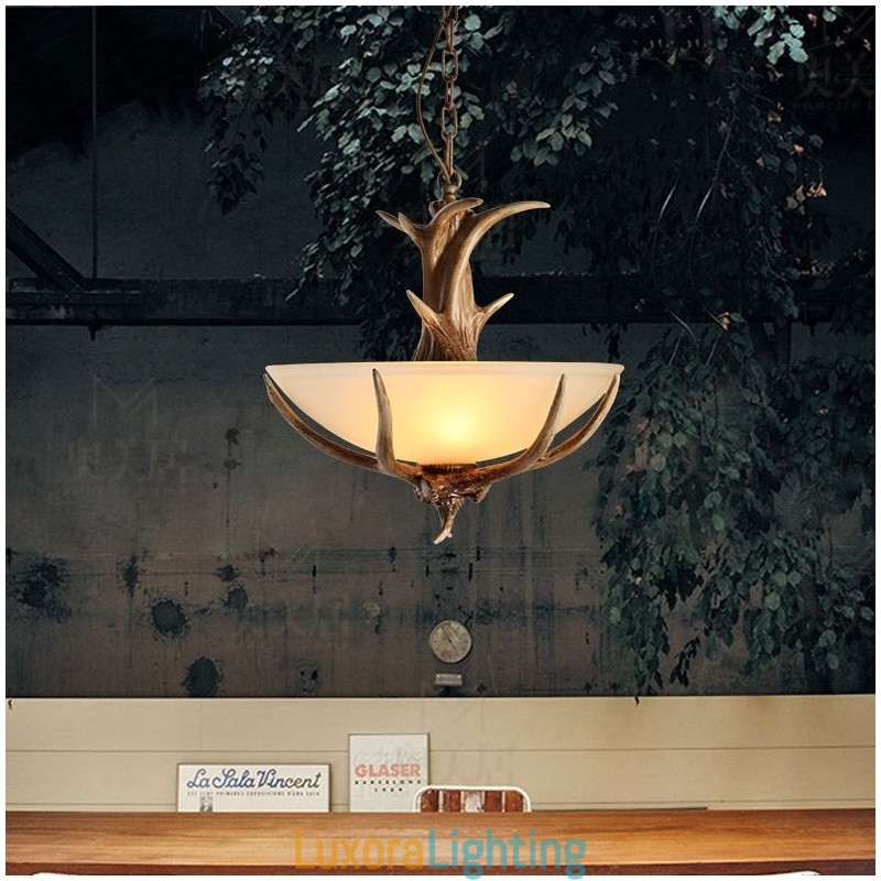 Designer Touch Decorative One Light Rustic Artistic Retro Antler Antique Pendant Light with Glass Shade