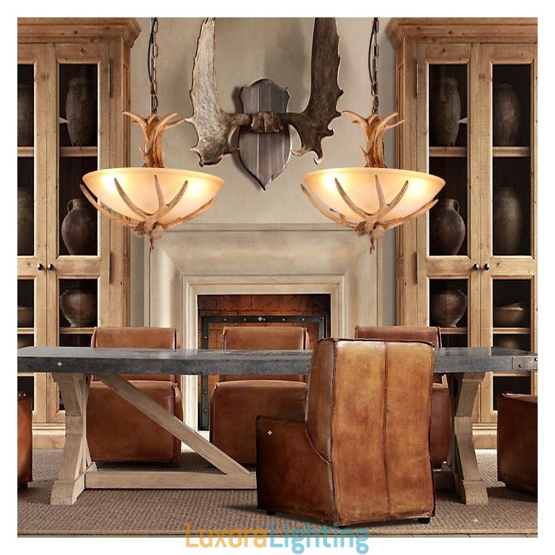 Designer Touch Decorative One Light Rustic Artistic Retro Antler Antique Pendant Light with Glass Shade