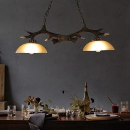 Designer Touch Decorative 2 Light Black Rustic Artistic Retro Antler Antique Pendant Light with Glass Shade