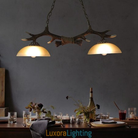 Designer Touch Decorative 2 Light Black Rustic Artistic Retro Antler Antique Pendant Light with Glass Shade