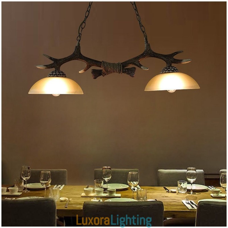 Designer Touch Decorative 2 Light Black Rustic Artistic Retro Antler Antique Pendant Light with Glass Shade