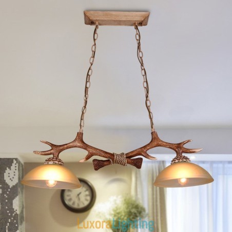 Designer Touch Decorative 2 Light Brown Rustic Artistic Retro Antler Antique Pendant Light with Glass Shade