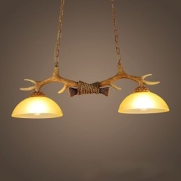 Designer Touch Decorative 2 Light Brown Rustic Artistic Retro Antler Antique Pendant Light with Glass Shade