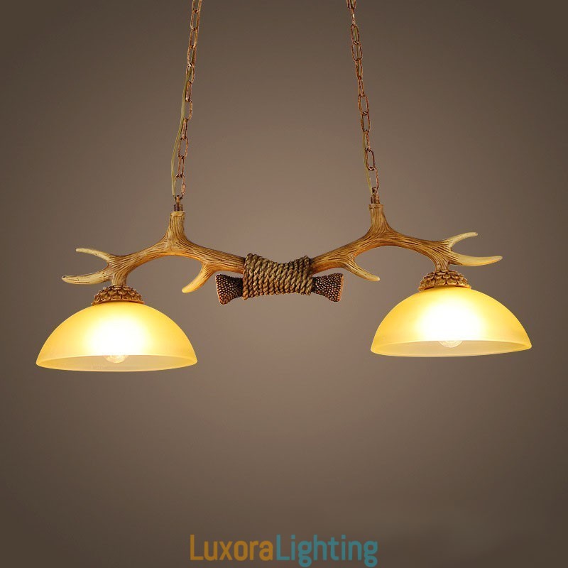 Designer Touch Decorative 2 Light Brown Rustic Artistic Retro Antler Antique Pendant Light with Glass Shade