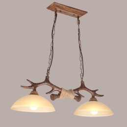 Designer Touch Decorative 2 Light Brown Rustic Artistic Retro Antler Antique Pendant Light with Glass Shade