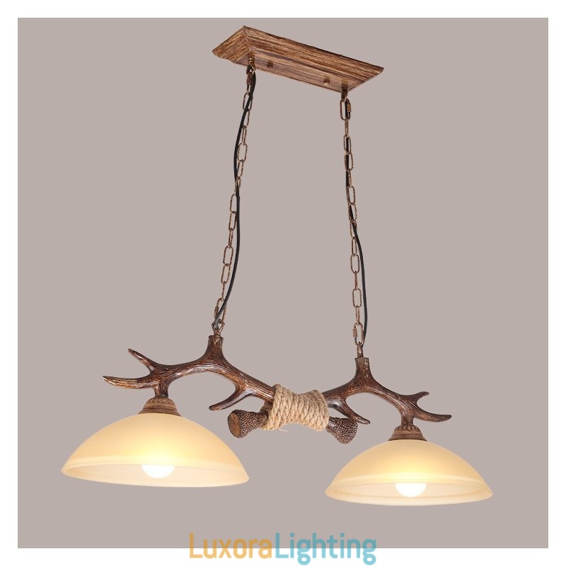 Designer Touch Decorative 2 Light Brown Rustic Artistic Retro Antler Antique Pendant Light with Glass Shade