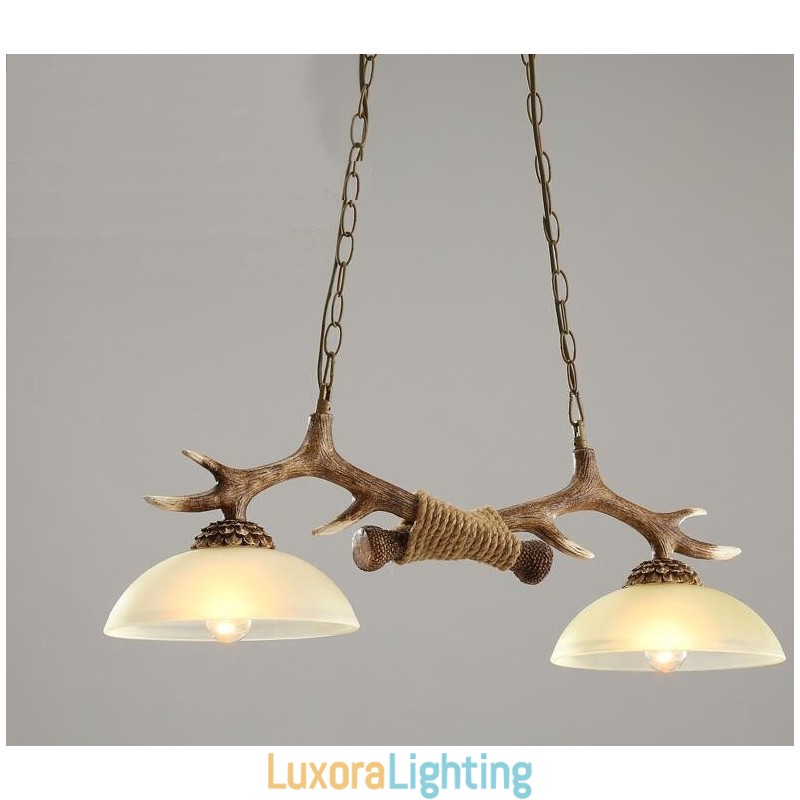 Designer Touch Decorative 2 Light Brown Rustic Artistic Retro Antler Antique Pendant Light with Glass Shade