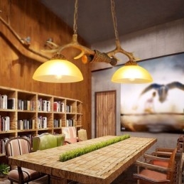 Designer Touch Decorative 2 Light Brown Rustic Artistic Retro Antler Antique Pendant Light with Glass Shade