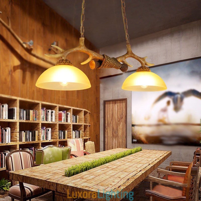 Designer Touch Decorative 2 Light Brown Rustic Artistic Retro Antler Antique Pendant Light with Glass Shade