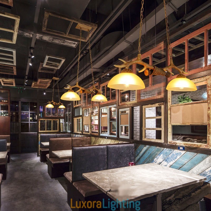 Designer Touch Decorative 2 Light Brown Rustic Artistic Retro Antler Antique Pendant Light with Glass Shade