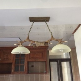 Designer Touch Decorative 2 Light Brown Rustic Artistic Retro Antler Antique Pendant Light with Glass Shade