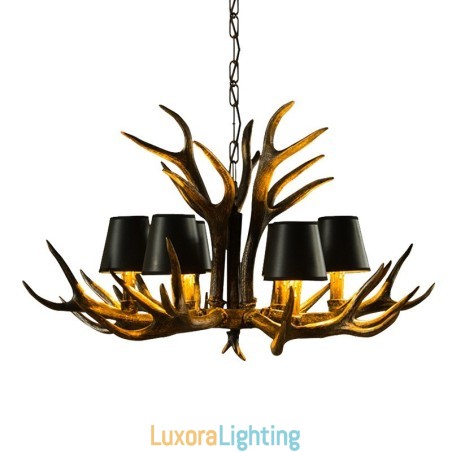 Designer Touch Decorative 6 Light Black Rustic Artistic Retro Antler Antique Chandelier with Shades