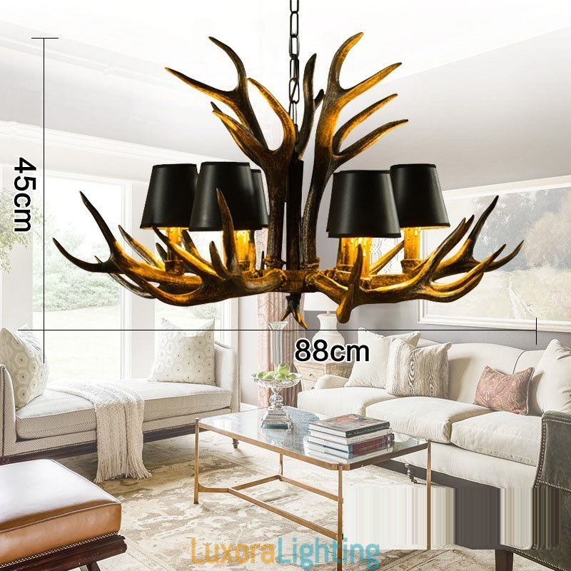 Designer Touch Decorative 6 Light Black Rustic Artistic Retro Antler Antique Chandelier with Shades