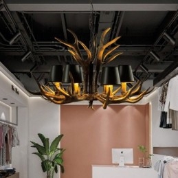Designer Touch Decorative 6 Light Black Rustic Artistic Retro Antler Antique Chandelier with Shades
