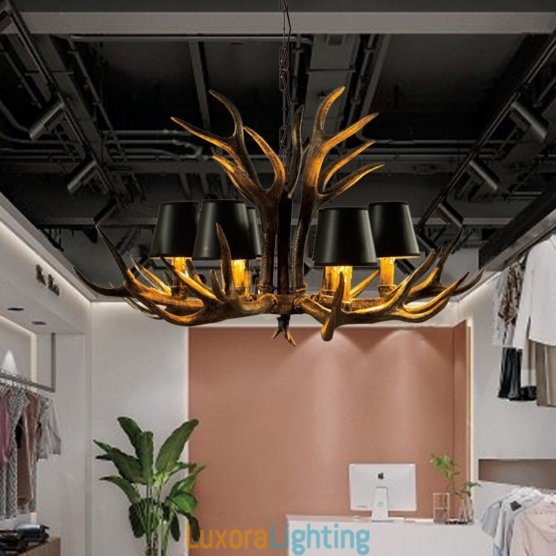 Designer Touch Decorative 6 Light Black Rustic Artistic Retro Antler Antique Chandelier with Shades