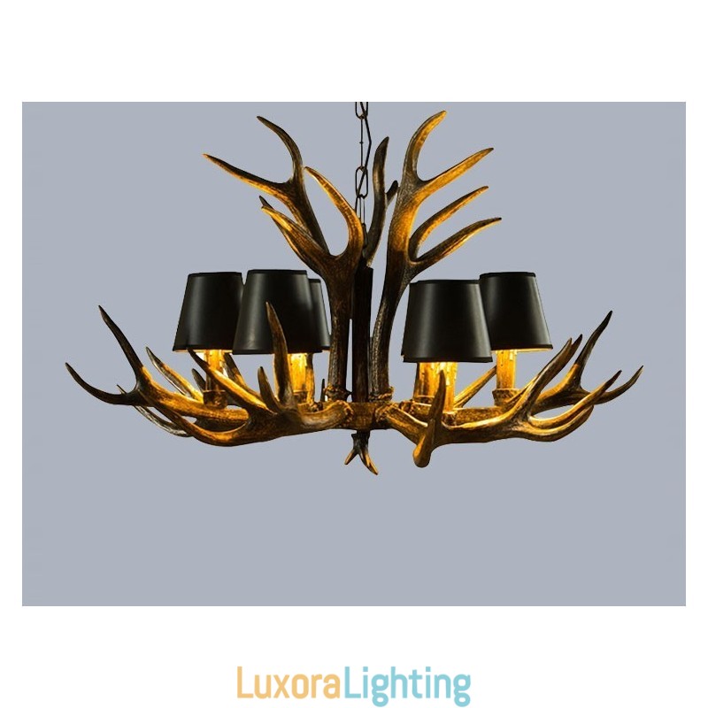 Designer Touch Decorative 6 Light Black Rustic Artistic Retro Antler Antique Chandelier with Shades