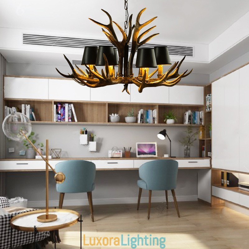 Designer Touch Decorative 6 Light Black Rustic Artistic Retro Antler Antique Chandelier with Shades