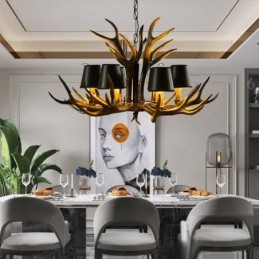 Designer Touch Decorative 6 Light Black Rustic Artistic Retro Antler Antique Chandelier with Shades